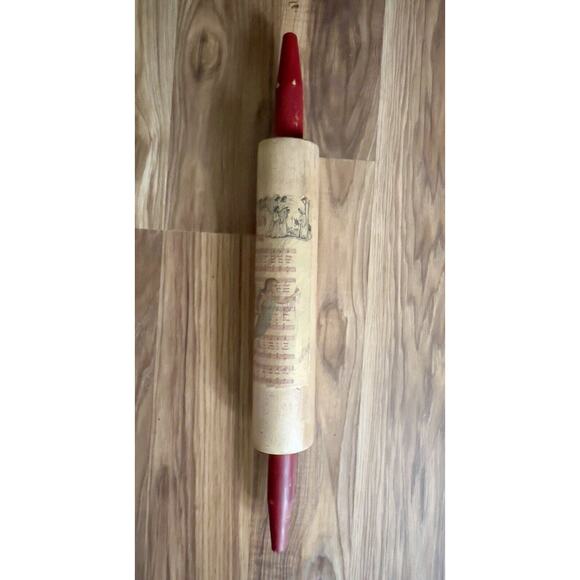 VTG Look Wood Rolling Pin Christmas Decor Red Handles Hark the Herald Farmhouse - Picture 3 of 9